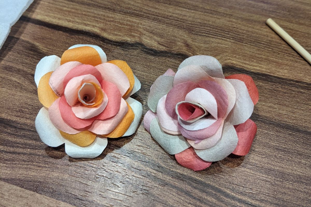 Handcrafted washi paper flowers made during a traditional craft experience in Gujo Hachiman, showcasing Japan’s artisanal heritage.