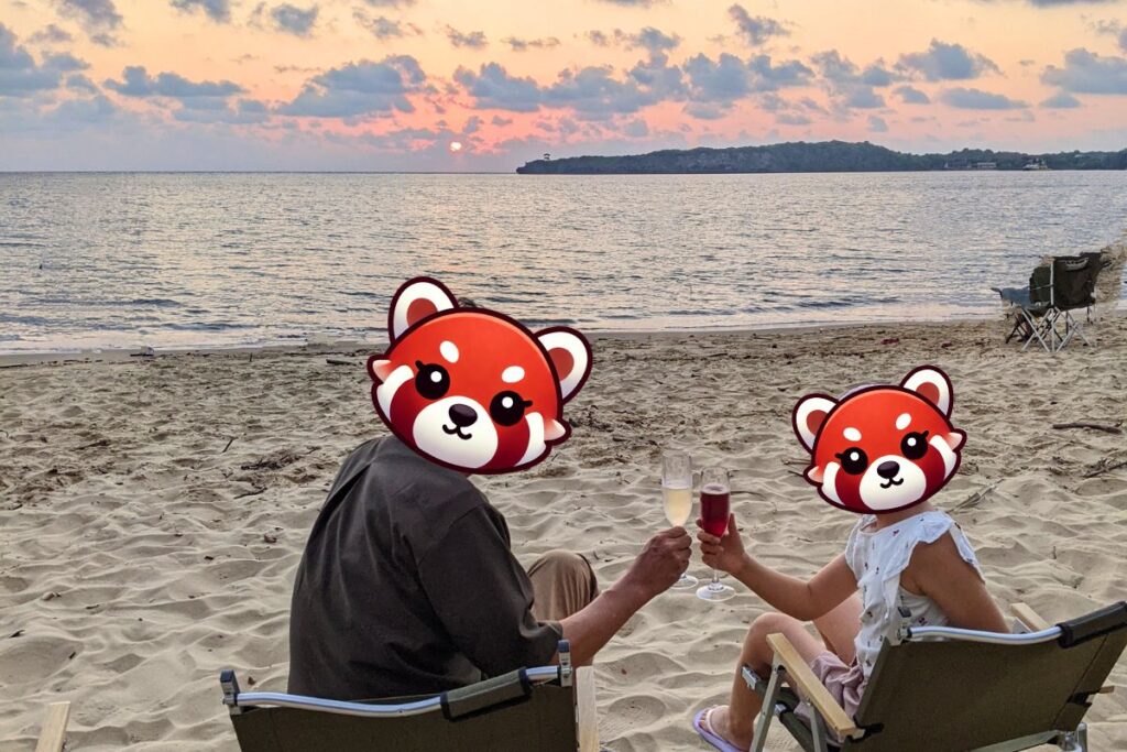 Sunset champagne toast on the private beach of Iriomote Hotel, Iriomote Island