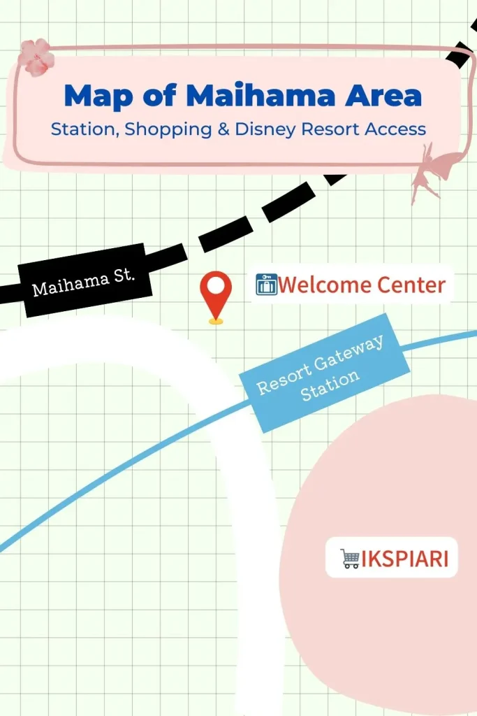 Illustrated map of Maihama area showing Maihama Station, Welcome Center, Resort Gateway Station, and Ikspiari — helpful Tokyo Disneyland access guide.
