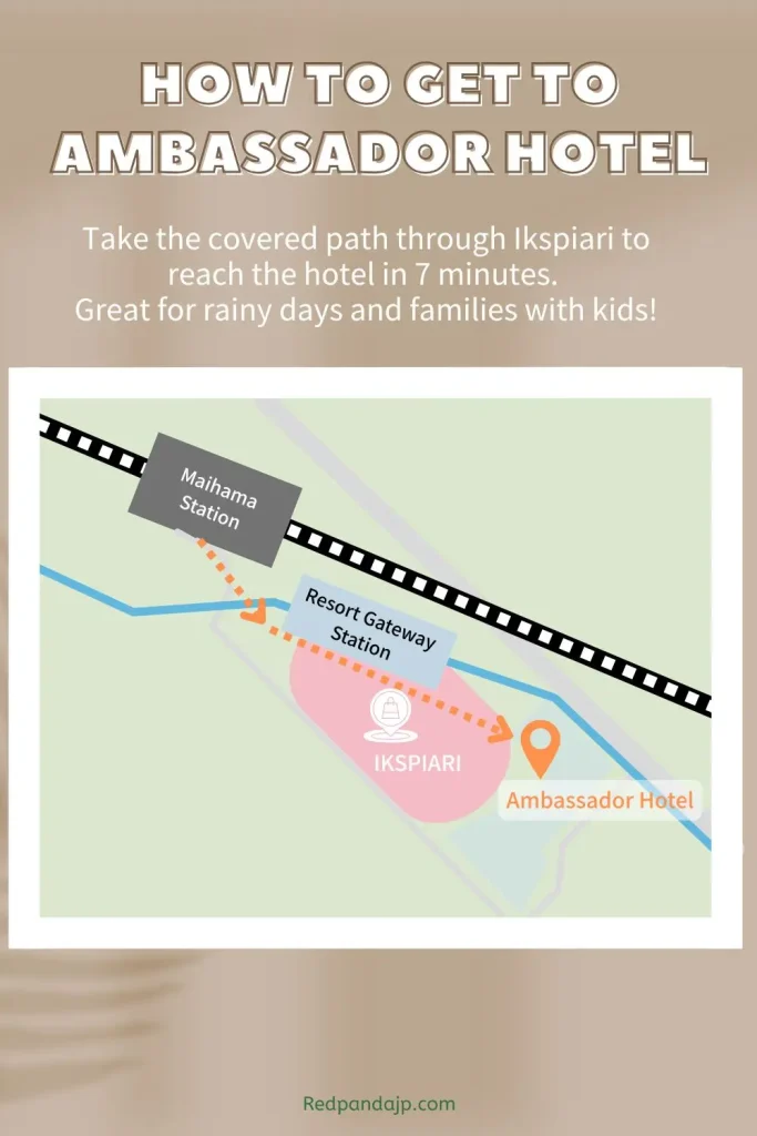 Map showing how to access Disney Ambassador Hotel from Maihama Station via Ikspiari, ideal for families visiting Tokyo Disneyland hotel area