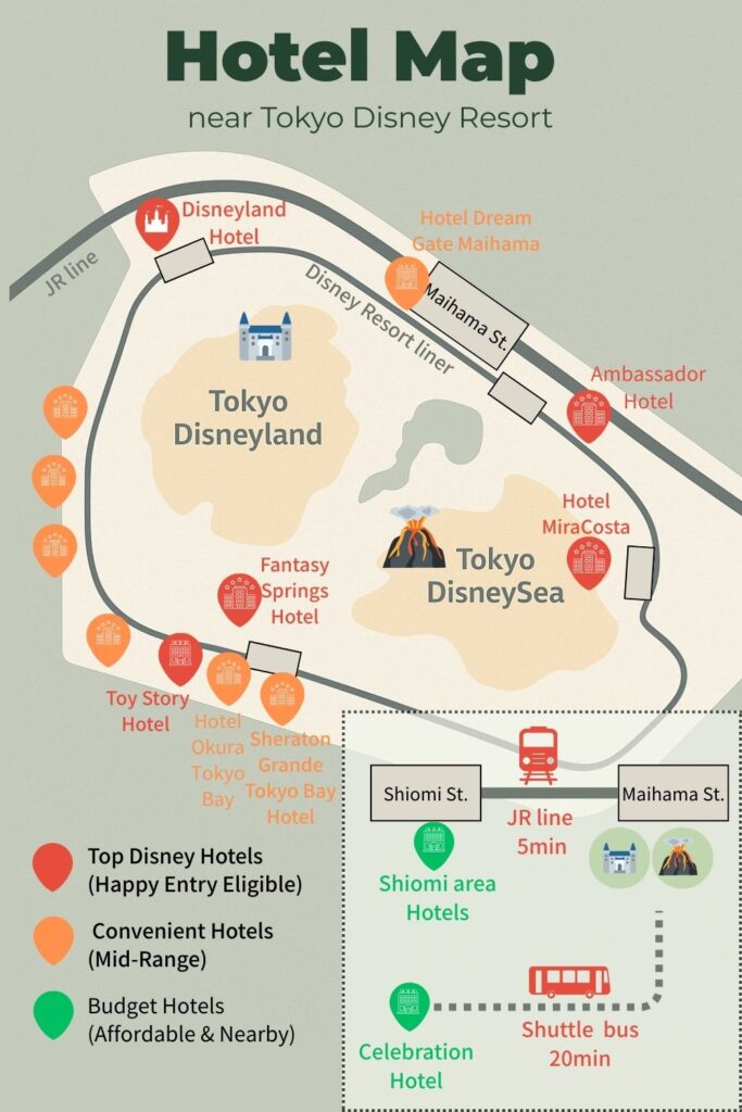 Simplified illustrated hotel map near Tokyo Disney Resort showing top Tokyo Disney hotels, official hotels, and budget hotels around Tokyo Disneyland and Tokyo DisneySea. Useful for choosing your best Tokyo Disney hotel.