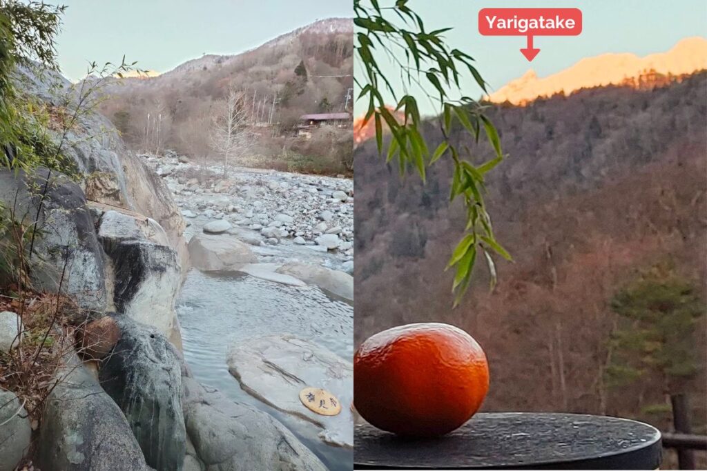 Outdoor riverside onsen at Yarimikan Ryokan in Gifu with a view of Mt. Yarigatake at sunset, featuring tranquil mountain scenery and private hot spring experience.