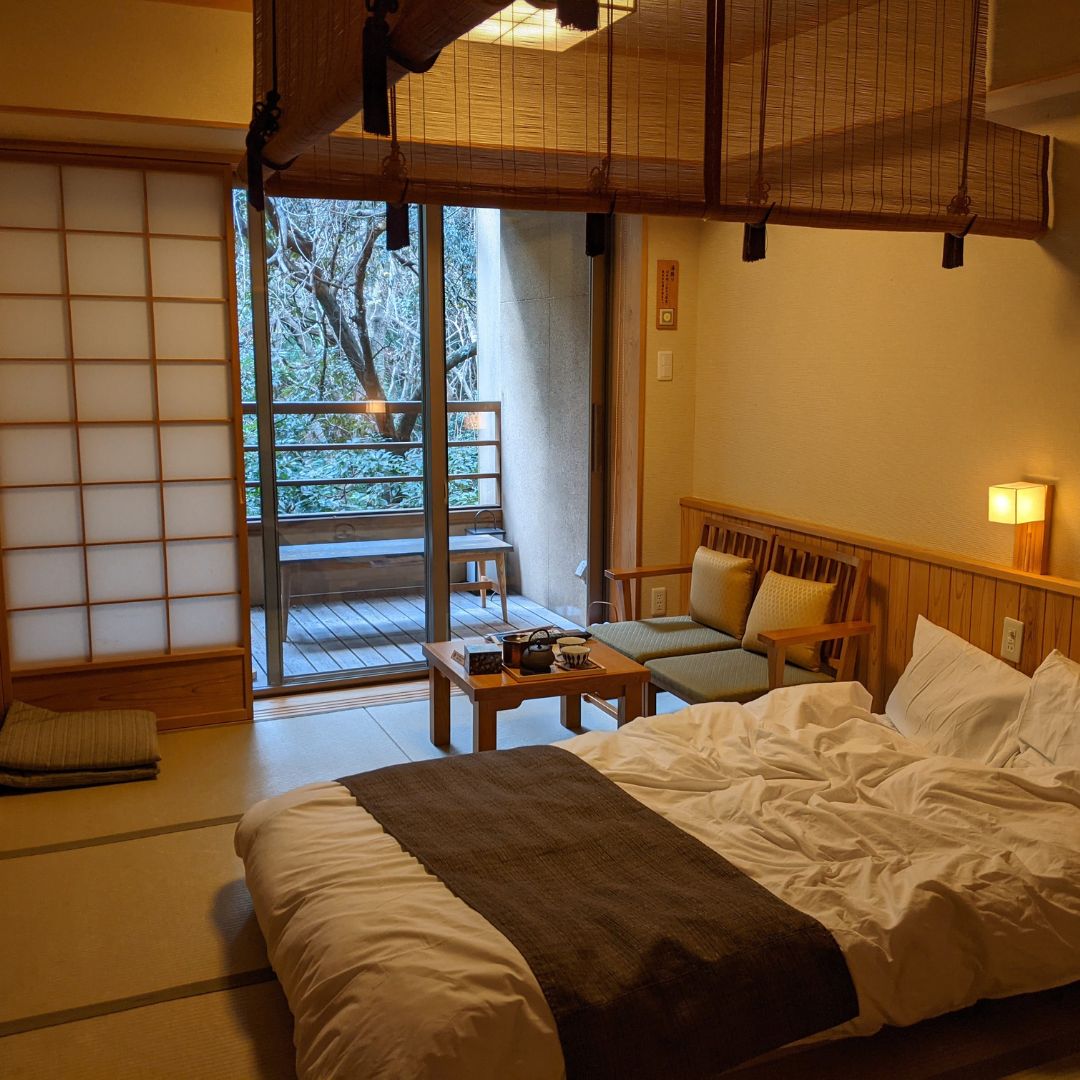 Tatami room with futon beds at Inishie-no-yado Ikyu — luxurious family stay in our japanese hot spring travel guide.