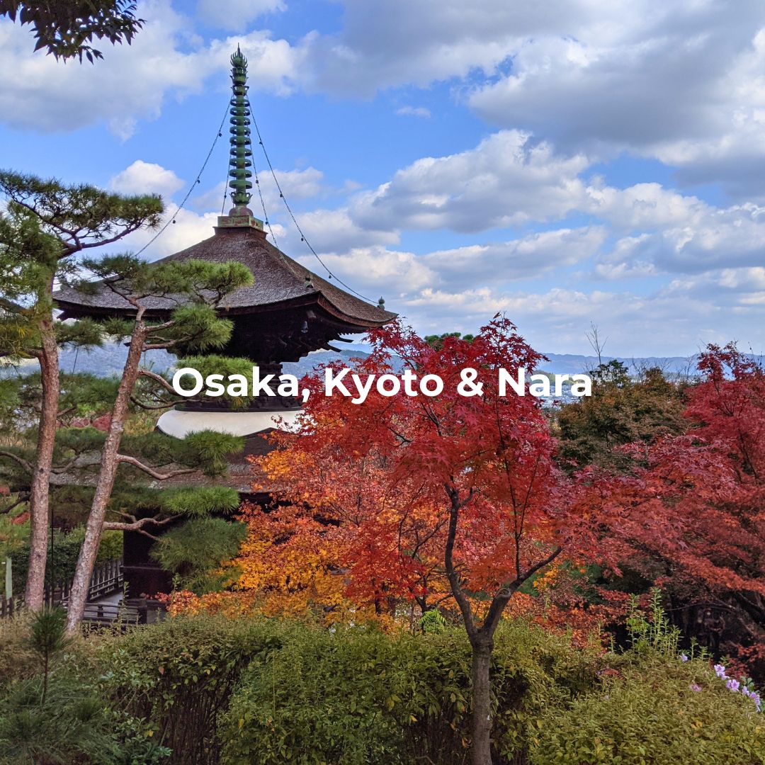 Temple with autumn leaves in Kyoto, representing Osaka, Kyoto & Nara region of Japan