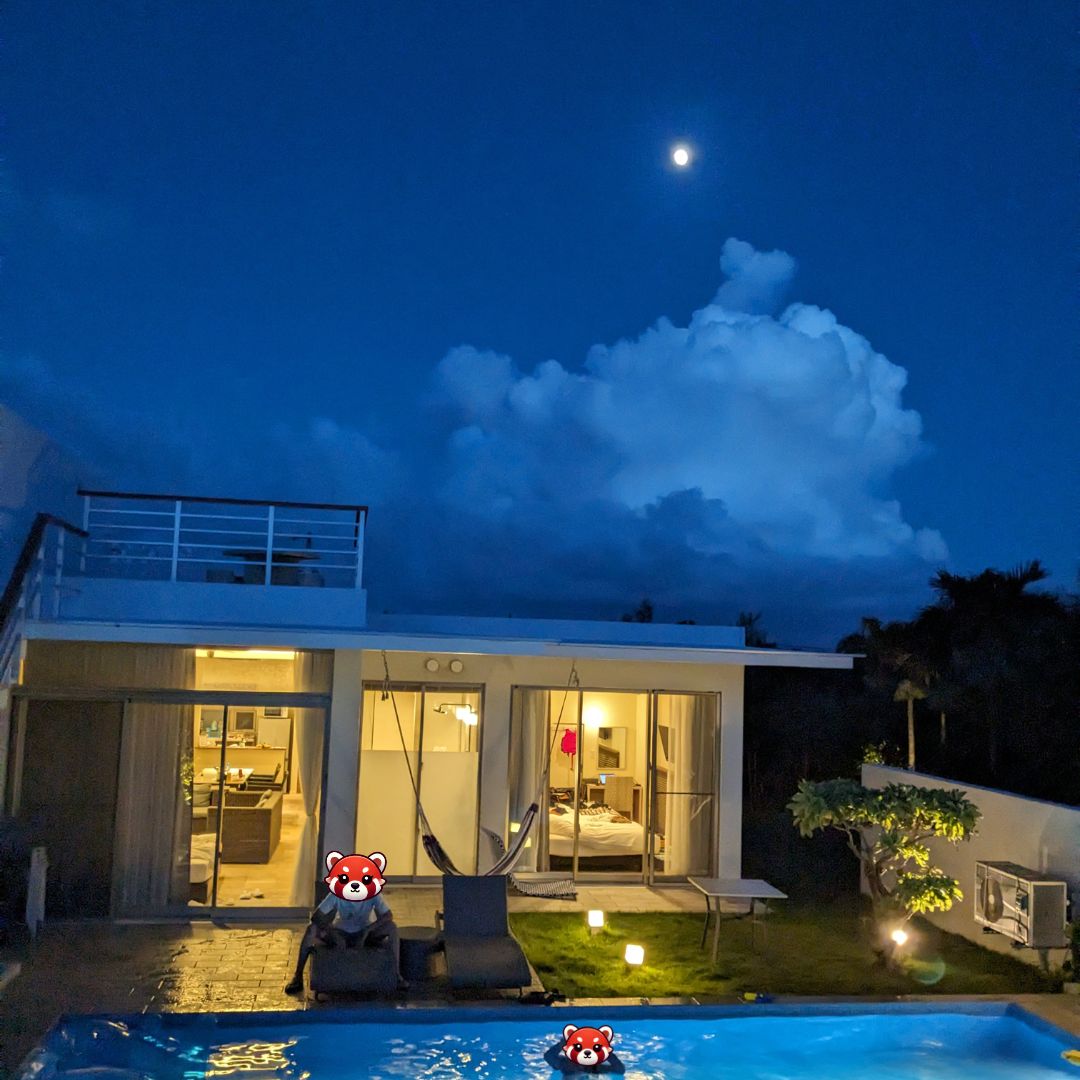 Night view of a private villa with pool on Miyako Island – a relaxing Okinawa islands accommodation for families.
