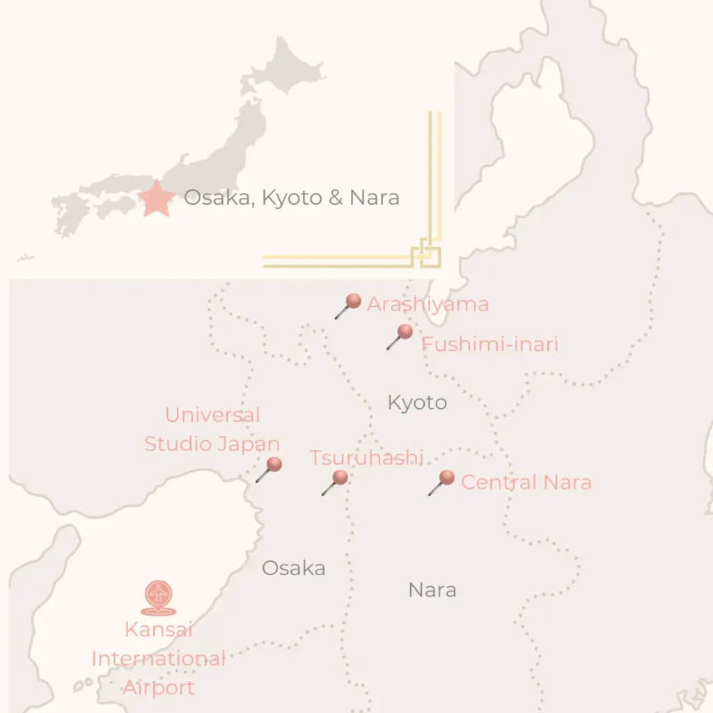 Map of Kansai area showing Osaka, Kyoto, and Nara – perfect overview for an Osaka Kyoto Nara travel guide and itinerary ideas.