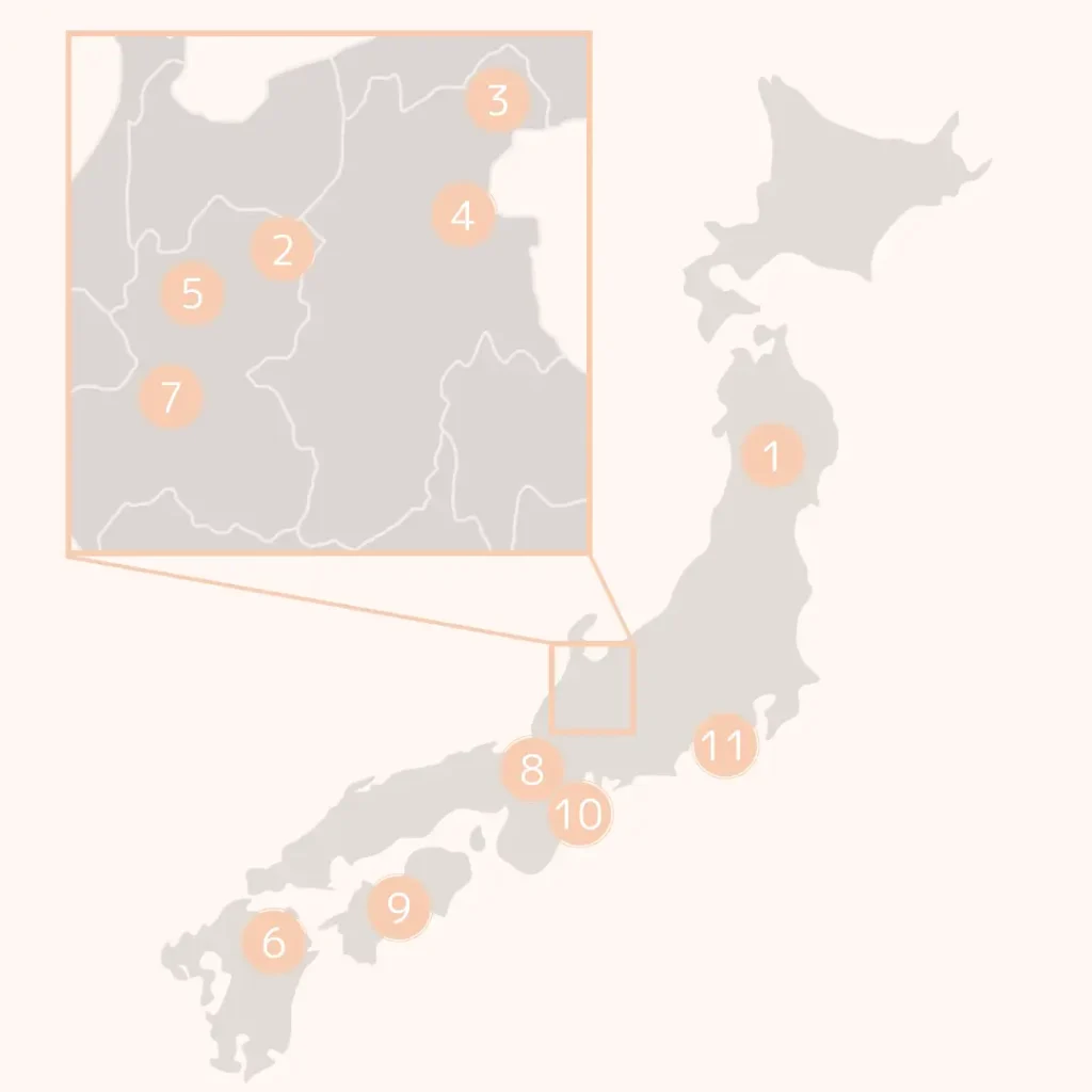 Map of Japan highlighting top 11 onsen ryokan — family friendly onsen japan featured in our japan onsen guide for nature, culture, and relaxation.