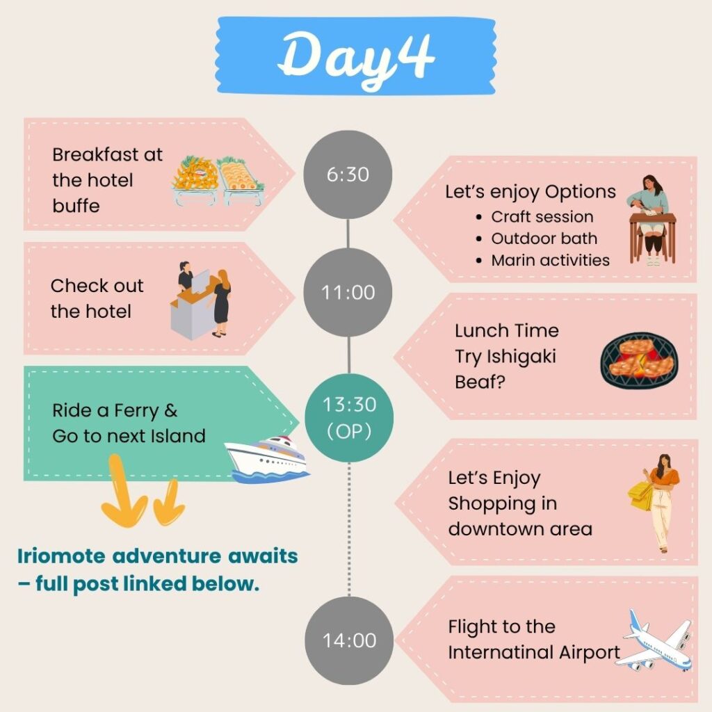 Final day itinerary with options for crafts, shopping, Ishigaki beef, and ferry to next island.
