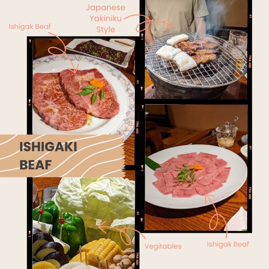 Images of Ishigaki Beef served yakiniku style, a must-try dish on Ishigaki Jima.