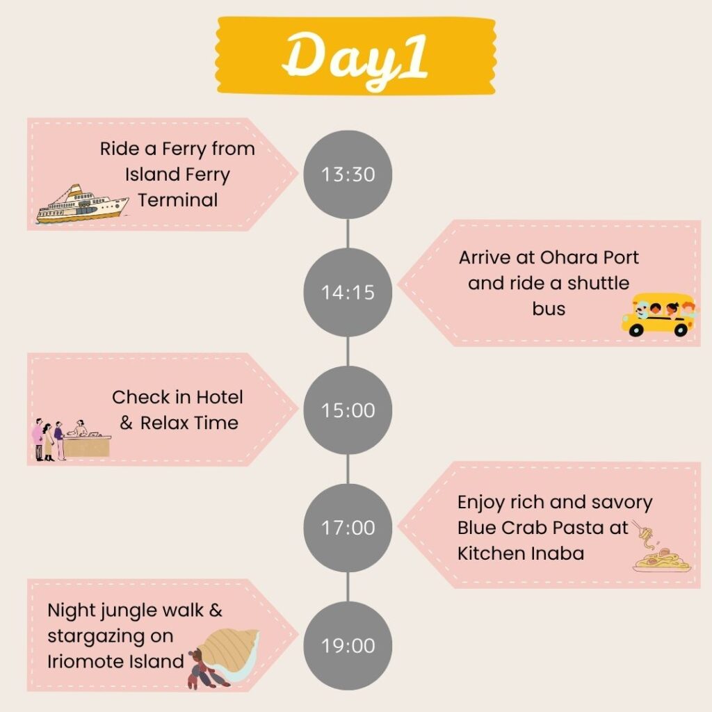 Day 1 itinerary on Iriomote Island Japan including ferry ride, hotel check-in, and night tour
