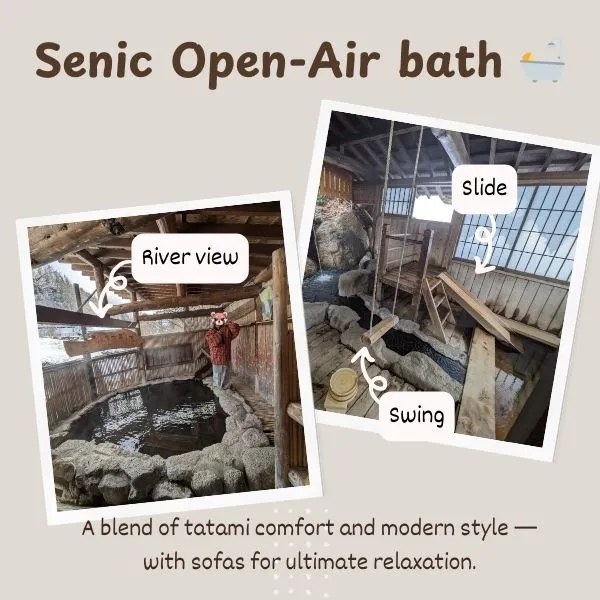 Unique private open-air bath at Yarimikan featuring a slide and swing, loved by children — a family-friendly experience at the best onsen in Gifu.