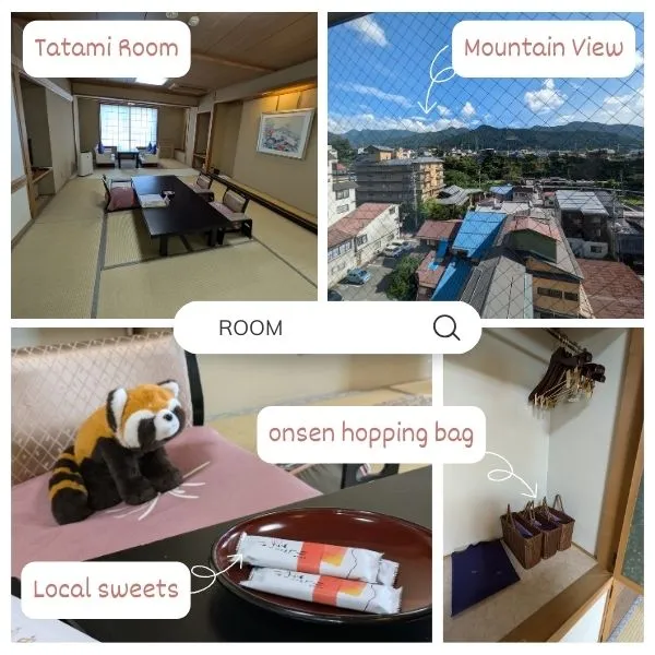 Spacious tatami room with mountain view, local apple wafer sweets, and onsen hopping bags in the closet.
