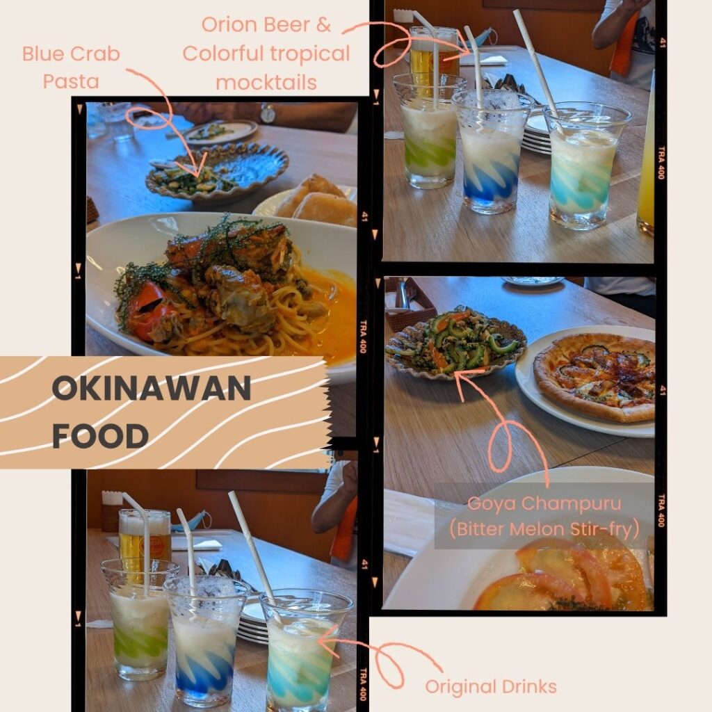 Local Okinawan food on Iriomote Island including blue crab pasta, goya champuru, and tropical drinks