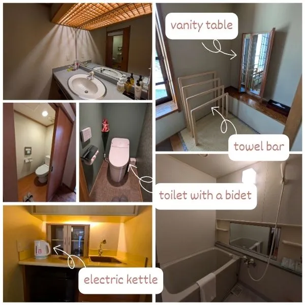 Wide sink, toilet with bidet and heated seat, electric kettle and sink, family-sized bathtub, vanity table, and towel bars.