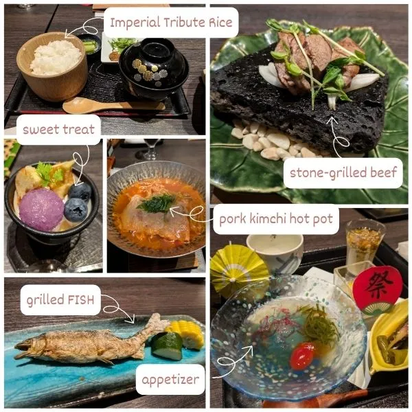 Kaiseki dinner featuring stone-grilled beef, pork kimchi hot pot (replaced with tofu), grilled fish, appetizers, dessert, and premium rice.