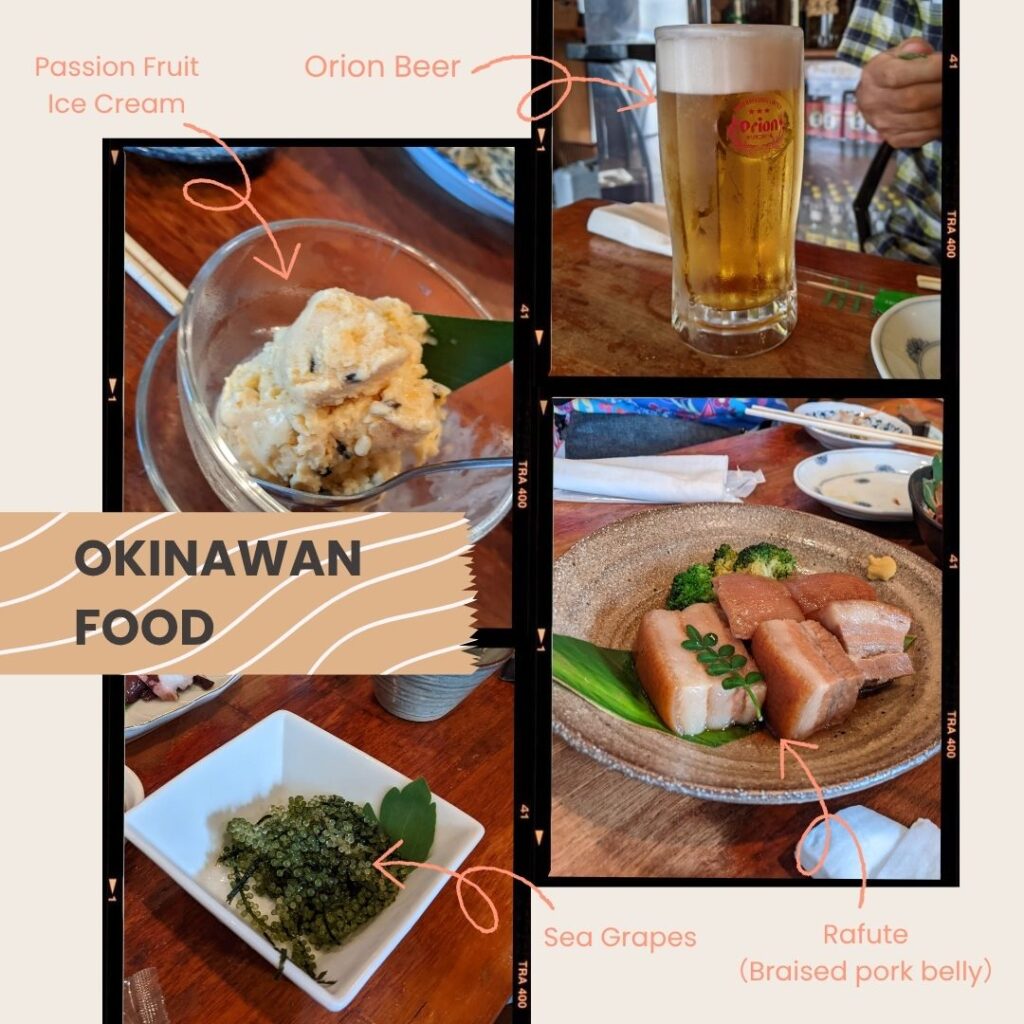Local Okinawan dishes including sea grapes, rafute pork, Orion beer, and passion fruit ice