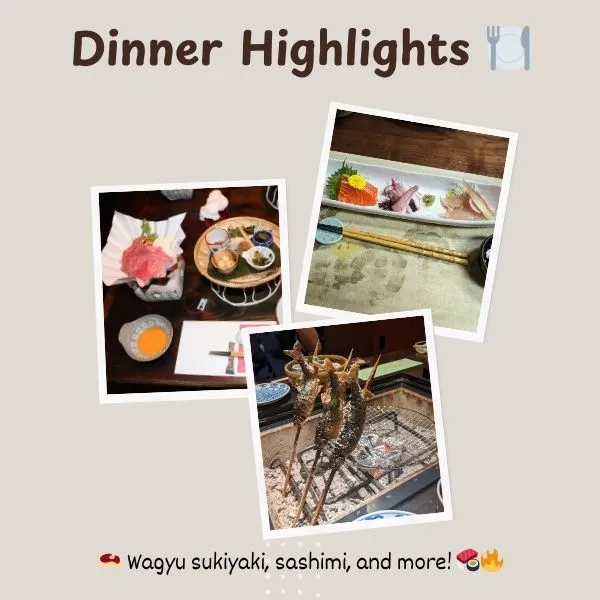 Adult dinner highlights at Yarimikan featuring wagyu sukiyaki, sashimi, and charcoal-grilled ayu — part of the dining at the best onsen in Gifu.
