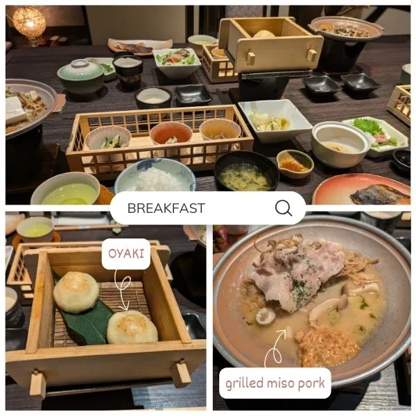 Japanese breakfast set with Imperial Tribute rice, side dishes, grilled miso pork, and Nagano specialty oyaki.