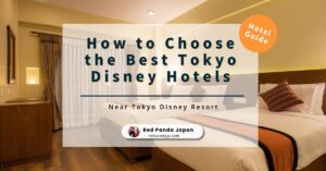 A cozy hotel room with two beds, warm lighting, and wooden furniture, representing accommodations near Tokyo Disney Resort. The image includes a review badge and the Red Panda Japan logo. Tokyo Disney hotel.