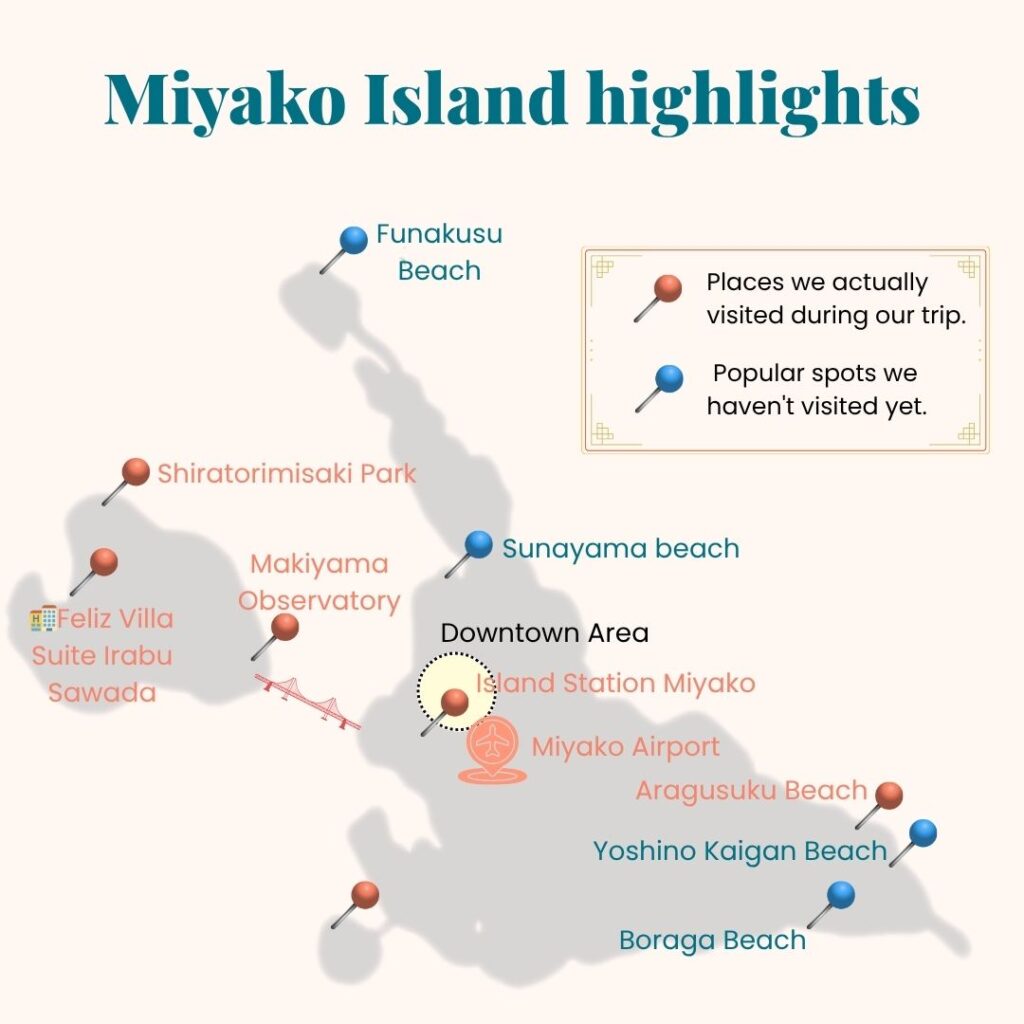 Map of Miyako Island highlights showing visited and popular spots like Sunayama Beach and Aragusuku Beach
