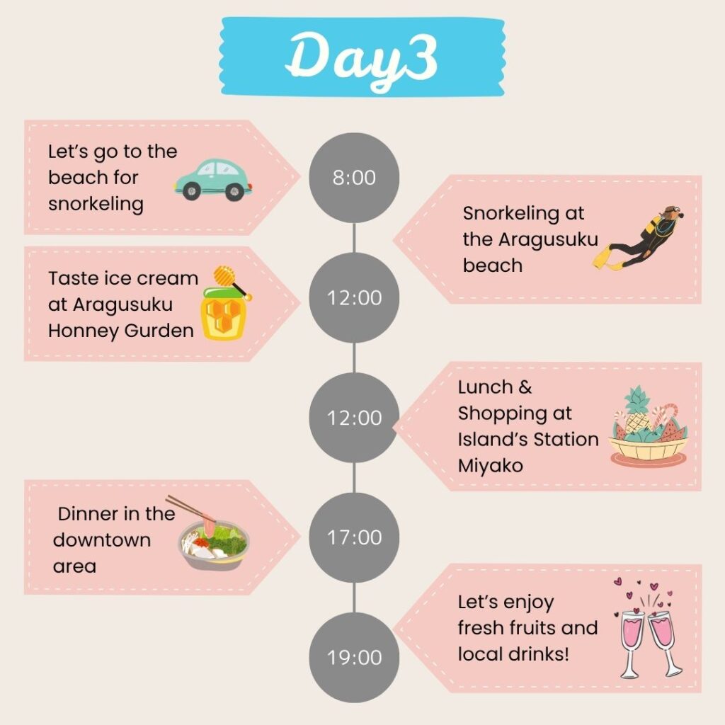 Day 3 Miyako Island itinerary: snorkeling at Aragusuku Beach, visit to Honey Garden, and shopping downtown.