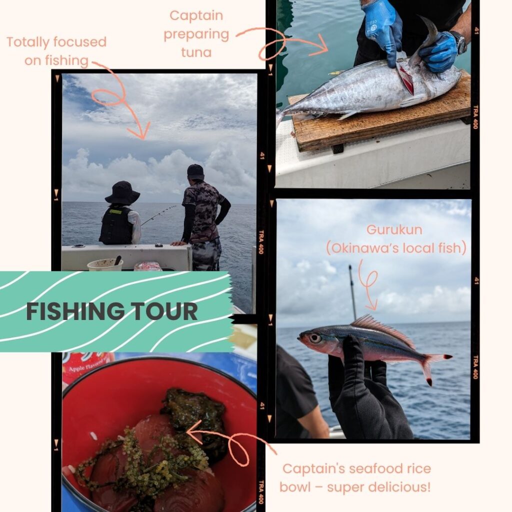 Fishing tour: tuna preparation, Gurukun catch, and captain’s seafood rice bowl.