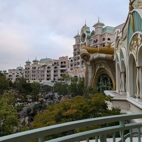 Fantasy Springs Hotel Balcony – Exterior view of Tokyo Disney Fantasy Springs Hotel from the balcony, showing its unique architecture.