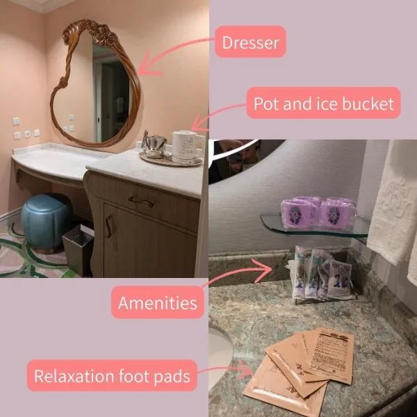 Fantasy Springs Hotel room amenities – Includes a dresser, pot, ice bucket, toiletries, and relaxation foot pads.