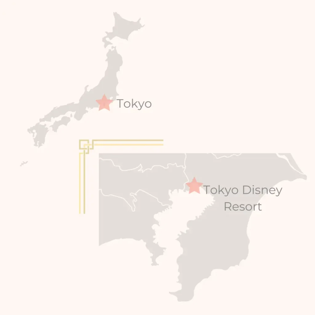 Map showing Tokyo Disneyland, DisneySea, major Tokyo Disney hotels, and teamLab Planets in the Tokyo Bay area.
