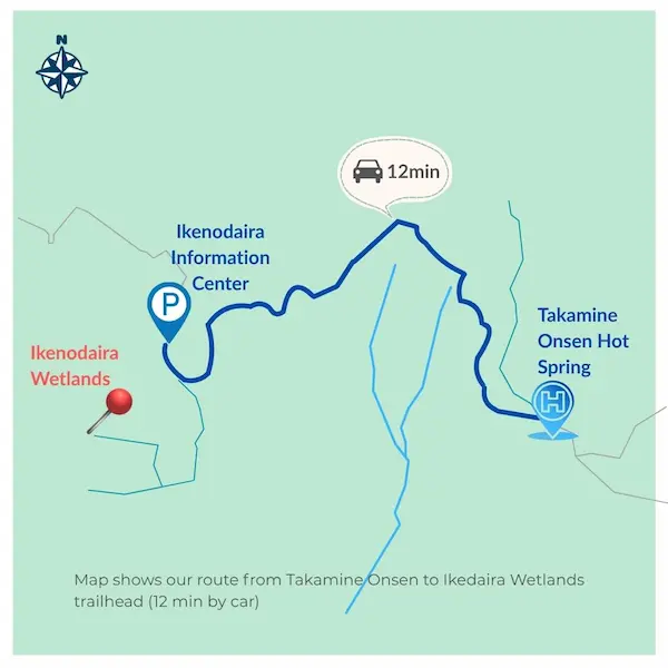 Map showing Takamine Onsen access to Ikenodaira Wetlands trailhead in Shinshu, Japan — just 12 minutes by car.