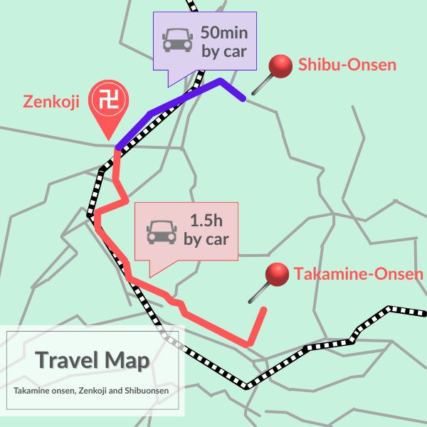 Travel map showing the Zenkoji to Shibu Onsen route, with Takamine Onsen as a starting point.