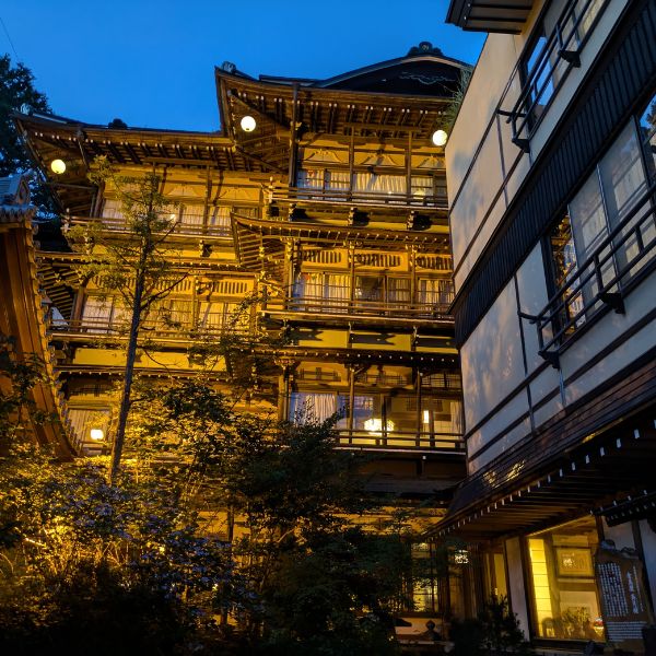 Kanaguya ryokan at night, a famous spot in Shibu Onsen said to inspire Spirited Away.