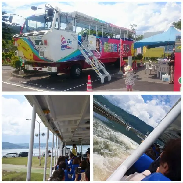 Colorful Suwako Army Duck parked before departure – a family-friendly Japan travel attraction.Suwako splash entry — the most exciting moment of the Suwa Lake Army Duck experience.