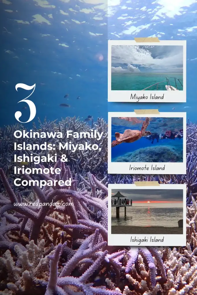 Colorful coral reef background with three polaroid-style images of Miyako, Iriomote, and Ishigaki Islands — a visual guide to Okinawa islands for family travel with kids.