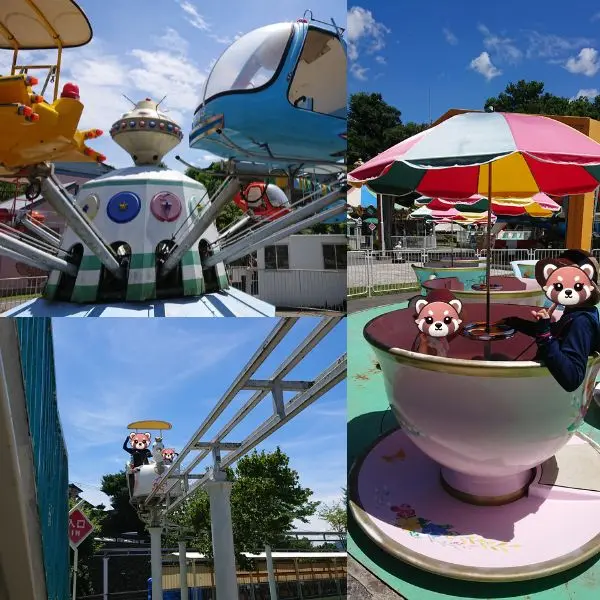 Colorful teacup ride under umbrellas in Komoro's retro amusement park - family-friendly Japan travel, Komoro Castle. Small children waving from a mini monorail at Komoro park - Komoro Castle, Nagano day trip with kids. Vintage spaceship ride in Komoro’s family park - family-friendly Japan travel, Komoro