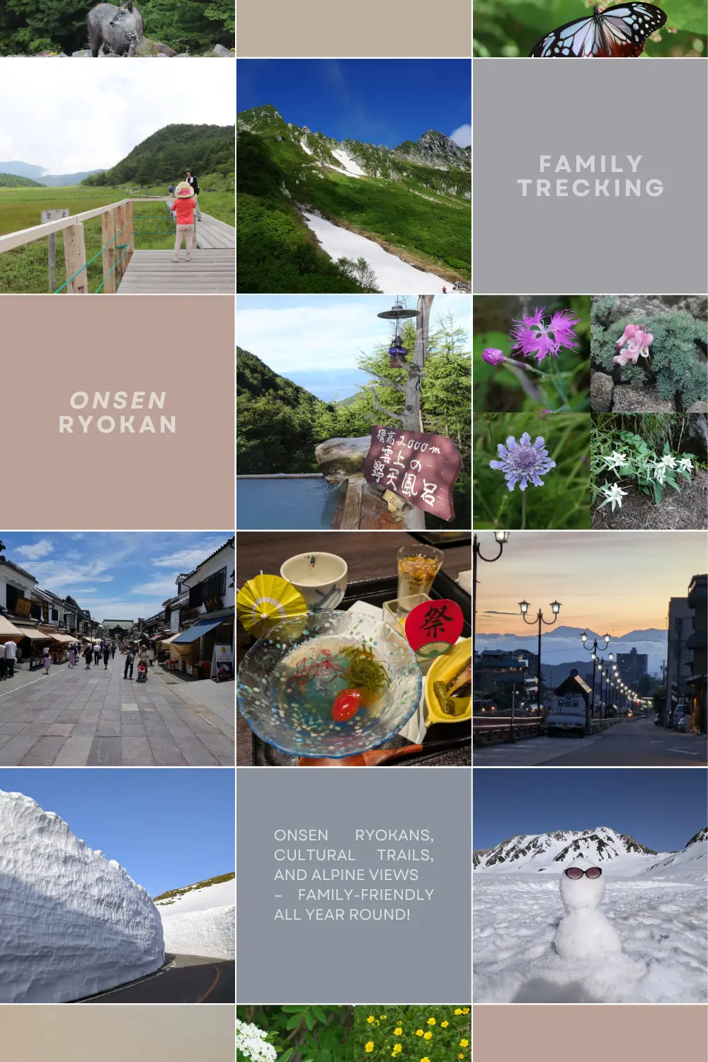 Nagano travel guide collage featuring family-friendly activities like trekking, onsen ryokans, traditional streets, seasonal dishes, and scenic views in the Japanese Alps.