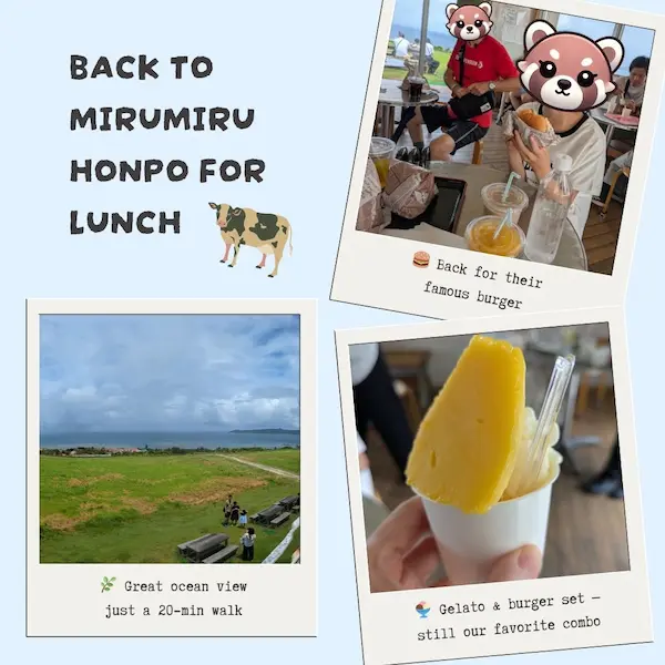 Lunch set at Mirumiru Honpo featuring a juicy burger, drink, and gelato — a must-try local treat near Fusaki Resort.