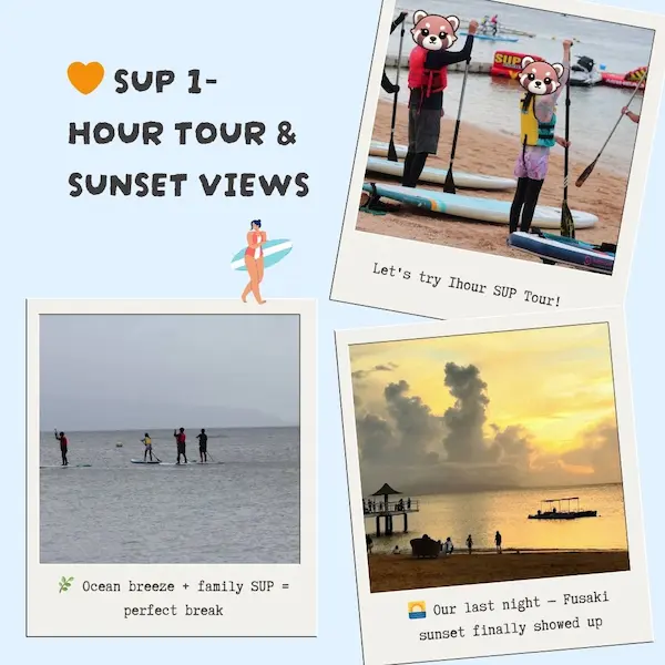 Family enjoying a calm Ishigaki SUP tour in shallow blue waters near Fusaki Resort beach.
Golden sunset view from the pier at Fusaki Resort — a rare and beautiful end to a family-friendly Ishigaki day.