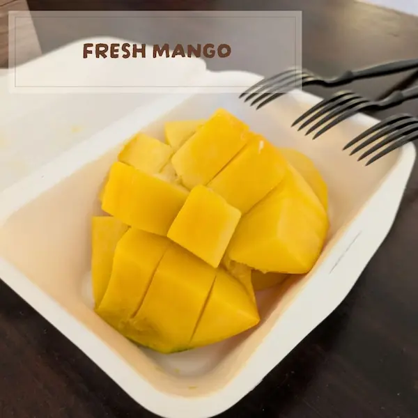Fresh-cut mango served in a takeout box at our hotel in Iriomote – a sweet tropical treat from our Iriomote itinerary.