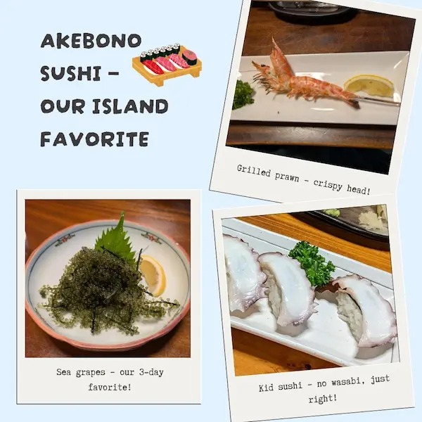 Grilled prawn sushi plate at Akebono Sushi Ishigaki — a highlight of local food experiences.
Sea grapes served fresh at Akebono Sushi — a signature taste of Ishigaki Island.
Kid-friendly sushi platter with no wasabi at Akebono Sushi Ishigaki — great for families.