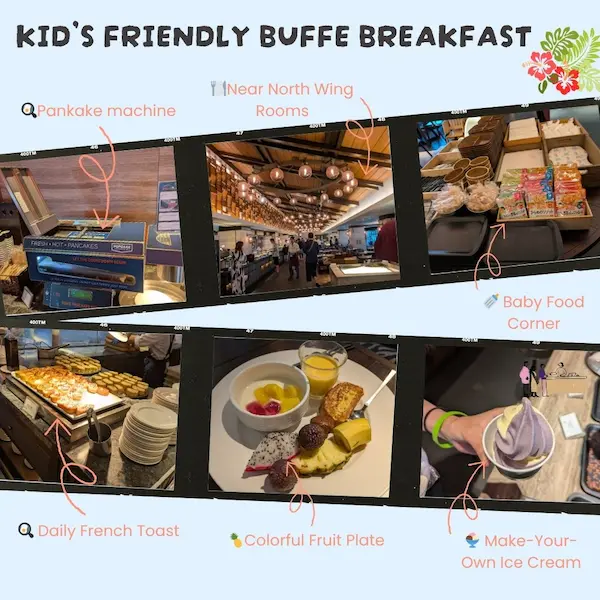 Kid-friendly buffet breakfast at Fusaki Resort Ishigaki featuring pancake machine, baby food corner, colorful fruits, and soft-serve ice cream.