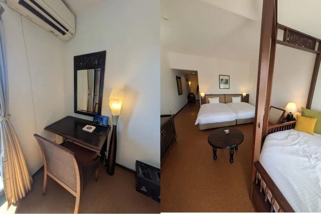 Spacious guest room at Iriomote Hotel with twin beds and a work desk – perfect for family stays