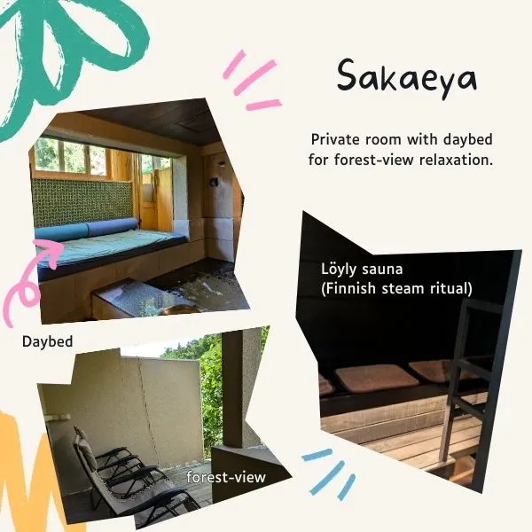 Private onsen room at Sakaeya ryokan in Nagano with daybed, forest view, and Finnish löyly sauna.
