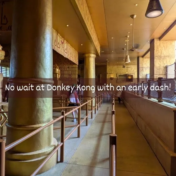 Empty queue at Donkey Kong ride in Universal Studios Japan 2025 with early morning entry.