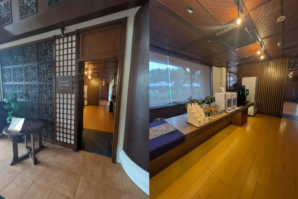 Guest lounge at Iriomote Hotel with coffee and drink station – great for relaxing during the day