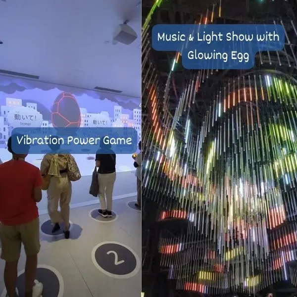 Kids enjoying the vibration power game inside the Power Pavilion — one of the best pavilions Expo 2025 for family travel.
Magical music and light show finale at the Power Pavilion, with glowing egg devices lighting up in sync.