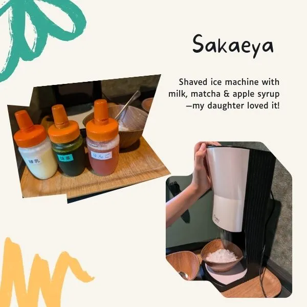Shaved ice machine at Sakaeya ryokan offering milk, matcha, and apple syrup for kids.