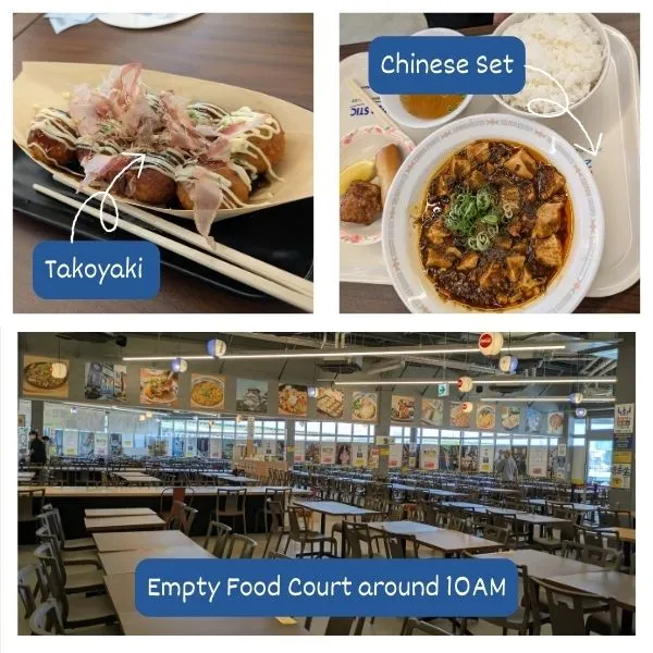 Early lunch during Osaka Expo family travel: empty food court with takoyaki and a Chinese set meal.
