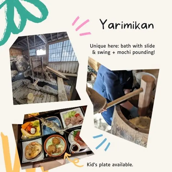 Yarimikan ryokan in Gifu with kids’ swing bath, mochi pounding experience, and children’s meal plate.