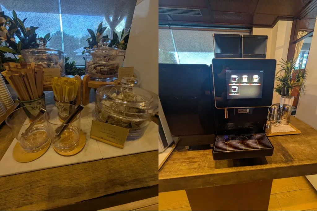 Complimentary tea and coffee station in the lounge at Iriomote Hotel, Okinawa